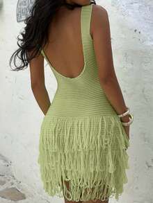 女士优雅复古绿色流苏针织无袖连衣裙，适合度假、约会、下午茶、婚礼、海滩、城市旅行、波西米亚音乐节、夏季派对等场合。 - 綠色 - 查看 9