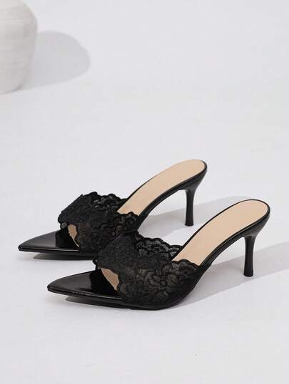 Women's Elegant Black Mesh Embroidered Peep Toe Stiletto High Heel Sandals, Breathable, Versatile, Fashionable, Sexy For Spring/Summer Party And Date Nights