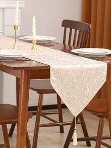 Caminho de mesa decorativo em jacquard dourado (1 peça), com estampa abstrata e franjas, ideal para sala de jantar, sala de estar e ocasiões festivas. - Ouro - Ver 6