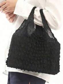 1 pieza Bolso de mano expandible y lindo con ribete de volantes y correa de muñeca, hecho de tela de poliéster duradera, bolso portátil, opciones de varios colores, adecuado para compras, uso diario, regalo, bolso de moda y práctico con textura de loto, diseño interior de gran capacidad, mecanismo retráctil confiable, fácil de guardar, bolsa de compras pequeña, réplica, retornable - Multicolor - Ver 16