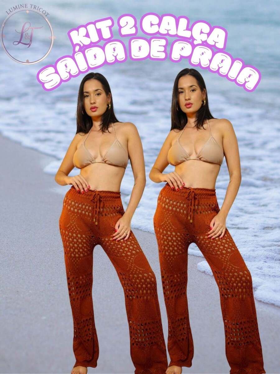 Kit 2 Calças Saída de Praia Tricot Crochê Pantalona Teladas Estilosa Moda Verão Confortavél