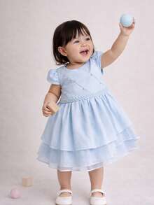Vestido Bebezinha Festa Infantil Menina Criança Com Pérolas Lindo Bebê Luxo Criança Aniversário Casamento Moderno Rodado - Azul bebê - Visão 2