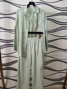 Linen Shirt And Pants Set (2 Pieces), Lined With Elastic. - 薄荷綠 - 查看 1