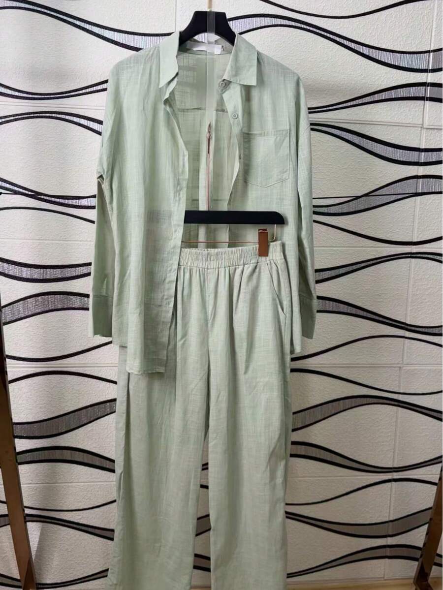 Linen Shirt And Pants Set (2 Pieces), Lined With Elastic. - 薄荷綠 - 查看 1
