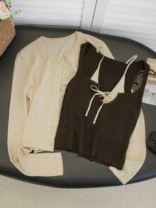 Set de 2 piezas: Chaqueta de cárdigan de punto sexy + Top de camisola con lazo, para primavera/verano