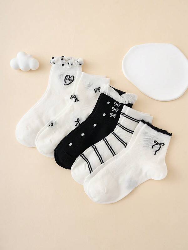 5 Pairs Cute Cartoon Multicolor Jacquard Bow Striped Pattern Children's Mid-Calf Mesh Socks With Ruffle Trim, Suitable For All Seasons, European & American Sizes, Comfortable, Breathable, Durable, Ideal For Daily Wear