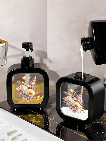 Ocean-Themed Bathroom Pump Liquid Soap Dispenser - Featuring Blue-Green Sea Stars, Seashells, Pebbles, And Bubbles In A Fresh Watercolor Style. An Ideal Choice For Design Or Decor, Suitable For Bathroom And Kitchen.