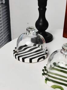 1pc Ceramic Striped Dessert Tray With Glass Lid. Can Be Used As A Cake Stand, Mini Tray, Serving Plate, And Pastry Dish. Ideal For Afternoon Tea, Also Suitable For Bedroom, Living Room, Hotel, And Camping. - Multicolor - View 9