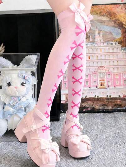 1pc Women's Solid Color Thigh High Socks With Bow Decor, Y2K Lolita Style Socks, Non-Slip And Durable, Cute Pantyhose Suitable For Lolita Tea Party
