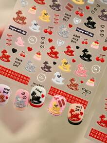 1 pieza Lindo carrusel giratorio, lazo, año del caballo, corazón, estrella, cereza gelatina 5D pegatinas de uñas de dibujos animados, decoraciones de arte de uñas de celebración, autoadhesivas, adecuadas para uñas de niños y niñas, suministros para uñas - Multicolor - Ver 3