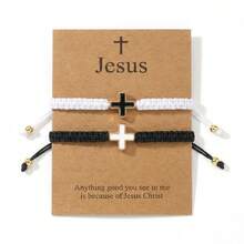 2PCS/Set Leisure Simple Copper Bead Bracelet, Cross Bracelet, Black And White Lucky Bracelet, Black And White Adjustable Bracelet, Stackable Bracelet, Couple Bracelet, Cross Easter Card, Friend Gift, Birthday Gift, Sisters Bracelet, Family Gift, Valentine's Day Gift, New Mother Gift, Christian Gift, Baptism Gift, Anniversary Gift - Multicolor - View 7