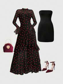 Vuslat 女士黑色红色爱心印花网纱长款连衣裙，立领长袖，层叠荷叶边下摆，优雅百搭，适合情人节派对、鸡尾酒会、街头漫步、约会等场合。 - 紅色 - 查看 3