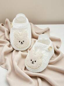 1 par de calcetines de conejo recién nacido tejidos a mano, con patrón bordado blanco - Blanco - Ver 3