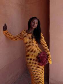 MORI Orange Hollow-Out Long Sleeve Knitted Cover Up Dress, Women's Spring/Summer New Beach Holiday Vacation Seaside Outfit, Summer Fashion Elegant Casual Loose Daily Versatile Travel Comfortable Knit Dress - Orange - View 7