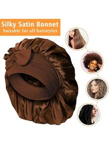 1pc/4pcs Women Satin Ribbon Bow Elastic Headband, Hair Band, Beauty Salon Headpiece, Satin Sleep Cap, Satin Bonnet - Coffee Brown - View 6