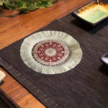 1/4/6pcs Middle Eastern Festival Series Expanding Geometric Floral Pattern Linen Printed Tassel Table Mat/Coffee Cup Coaster - Multicolor - View 9