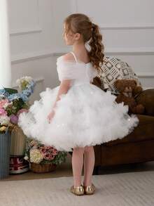 小女孩白色吊带露肩亮片手工串珠网纱优雅圣诞派对A字连衣裙，公主裙，适合女孩生日派对、宴会、舞会、婚礼花童、复活节、毕业典礼等场合 - 白色 - 查看 10