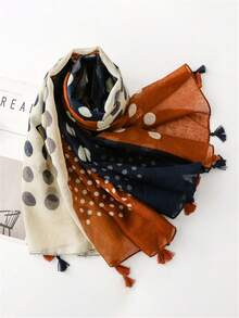 1pc Vintage French Polka Dot Patchwork Contrast Color Women's Scarf, Soft , Fashionable Lightweight Fringed Shawl, Suitable For Beach, Vacation, Travel