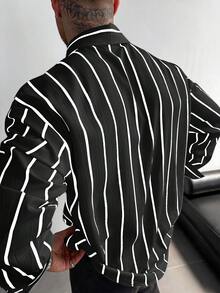 GloMan 男士经典黑白条纹长袖衬衫，亚麻质感休闲办公通勤衬衫，四季皆宜的复古风格，圣诞节和新年男士礼物 - 黑色 - 查看 7