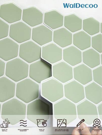 WalDecoo 1/10 ورقة سداسية الشكل لاصقة للرذاذ 12 بوصة * 12 بوصة مقاومة للماء ومقاومة للزيت ألواح جدارية لاصقة ذاتية للمطبخ وحمام الديكور