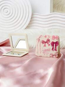 1pc Y2K Aesthetic Vanity Mirror, Foldable Lightweight Compact Handheld Mirror, PU Leather, Bowknot, Cherry Blossom, Lip Print, Heart, Letter Design, 180° Flip Cover, Multi-Functional - Multicolor - View 11