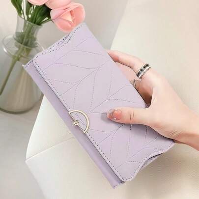 1个紫色长款钱包，纯色简约按扣三折手拿包，多功能时尚收纳钱包，生日礼物，同学聚会高品质票夹手机钱包，卡包，银行卡套，照片槽大钞手机钱包