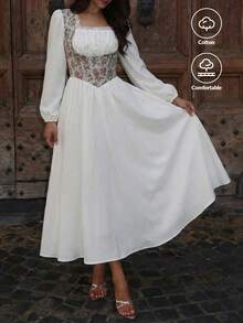 女士白色飘逸中长连衣裙 | 长袖方领花卉刺绣棉质连衣裙，适合约会和活动 - 白色 - 查看 3