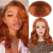 16 Inch Short Orange Ginger Wavy Lace Front Wig For Women, No Glue Needed, Heat Resistant Synthetic Fiber, 180 Density, 13x4 Lace Front, Pre-Plucked, Suitable For Daily Wear, Parties And Cosplay - Ginger - View 2