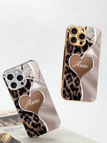 1pc Personalized Heart & Leopard Print Custom Photo, Name, Family, Couple Phone Case, Shockproof, Electroplated Silver, Minimalist, Suitable For IPhone11/12/13/14/15/16/16Pro/16Plus/16ProMax/16E/17/17Pro/17ProMax/Air/S25/S25Ultra/S25Plus/A56 Etc. - Gold - View 4