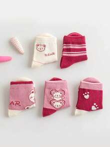 5 Pairs Girls' Cartoon Cute Mid-Calf Socks, Pink Bear Pattern Mid-Calf Socks For Girls, Suitable For School Season - Multicolor - View 4