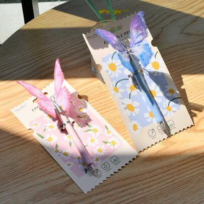 1pc This Butterfly-Shaped, Retractable Gel Pen Features A Stylish Design, Smooth Writing, And An Eraser At The End For Easy Corrections. It's Suitable For Student Notes, Homework Corrections, Exam Preparation, And Everyday Journaling.