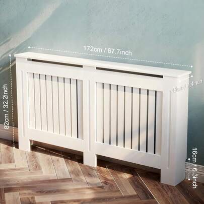 Radiator Cover, Heater Cover, Painted MDF Radiator Cabinet With Wood Top Shelf, Vertical Slat Design For Optimal Heat Circulation, 172cm 152cm 111cm 78cm Long X 82cm High