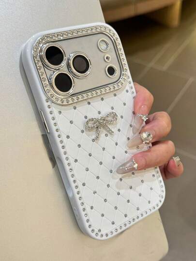 Fashion 3D Blingbling Bowknot Solid Color Rhombus Grid Pattern Glitter Rhinestone Shockproof Phone Case Compatible With IPhone 17 Pro Max 17 Pro 16 Pro Max 15 14 Pro 13 Advanced Camera Protection Back Cover