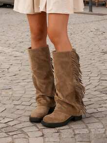 Slouchy Fringe Western Cowboy Boots For Women, Knee High Low Heel Cowgirl Boots, Suede Boots For City Walk, Music Festival & Country Concert - màu nâu - Xem 4
