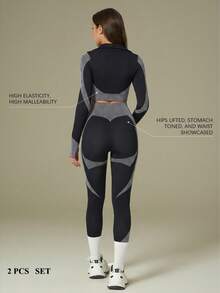 UONNOU 两件套女士运动服套装，长袖上衣和塑身裤，女士户外休闲服，运动服，塑身服，紧身衣，夹克款式，机车风格，立领，全开拉链，运动拇指孔设计，超短紧身上衣，提臀，收腰收腹，修饰腿型，让您看起来更苗条，运动紧身裤，高弹塑形，罗纹无缝针织柔软面料，适合运动和户外活动、瑜伽、健身、跑步、休闲日常、通勤、聚会和节日等，时尚运动户外套装，适合所有季节，秋冬春秋皆宜。 - 黑與白 - 查看 4