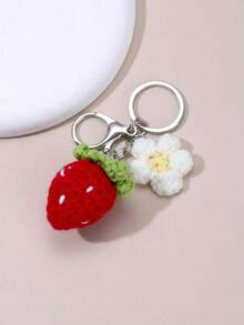 1pc Fashionable & Cute Handmade Crochet Strawberry Flower Keychain, Suitable For Commuting, Work, Travel, Party, Car Keys, House Keys To Prevent Loss - Multicolor - View 5