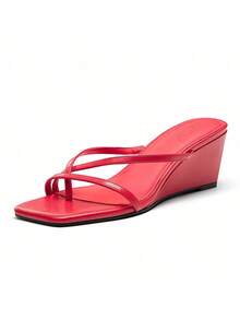 Athlefit Women's Dressy Summer Wedge Sandals Slip On Casual Strappy Thong Slides Cute Square Open Toe Flip Flop Heels - 紅色 - 查看 2
