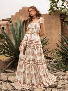 优雅方领长裙：飘逸的多层荷叶边裙摆，饰以精致刺绣图案，配有腰带，无袖设计，柔美A字廓形——完美适用于花园婚礼、新娘写真、浪漫周年庆典、正式花园派对和私奔。 - 米色 - 查看 5