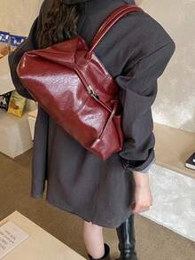 1件女款大容量托特包，PU皮革單肩手提包，休閒經典極簡時尚通勤包 - 酒紅色 - 查看 4