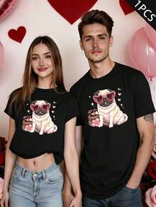 Couple Pug Dog Print Matching TShirt Fall, Crew Neck, Relaxed Fit, Casual, Comfort Fit, Unique Graphic Print - MenBlack-1PC - View 1