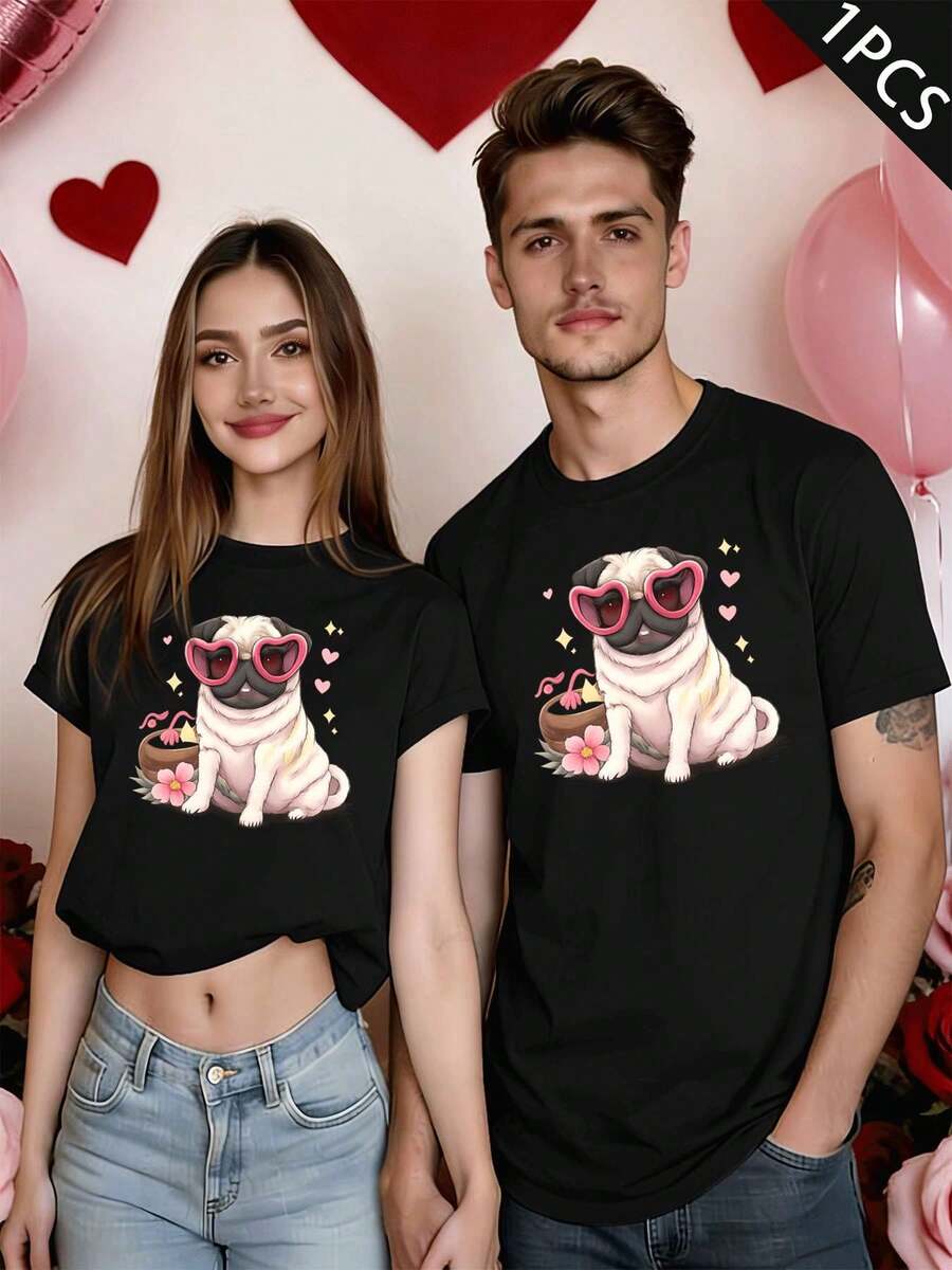 Couple Pug Dog Print Matching TShirt Fall, Crew Neck, Relaxed Fit, Casual, Comfort Fit, Unique Graphic Print - MenBlack-1PC - View 1