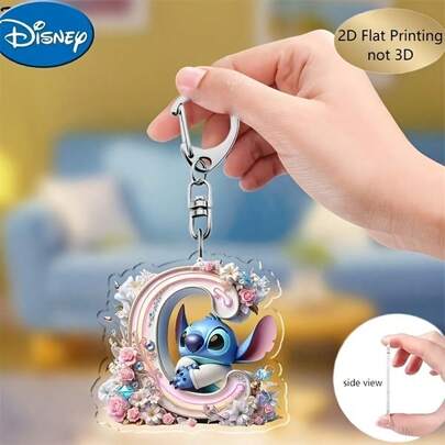 1pc Disney Stitch Acrylic Keychain - 26 English Letters, Cute Crown Cartoon Design Decorated With Flowers, Durable Zinc Alloy Pendant, Suitable For Bags, Car Keys And Gifts, Valentine's Day And Birthday Accessories, Disney Stitch Bag Charm, Keychain Accessory, Vivid Design, Vibrant Colors, 2D Flat (If The Product Is Not Transparent, Please Peel Off The Protective Film On The Printed Back). 2D Flat Valentine's Day Pink Keychain, Ramadan Gift