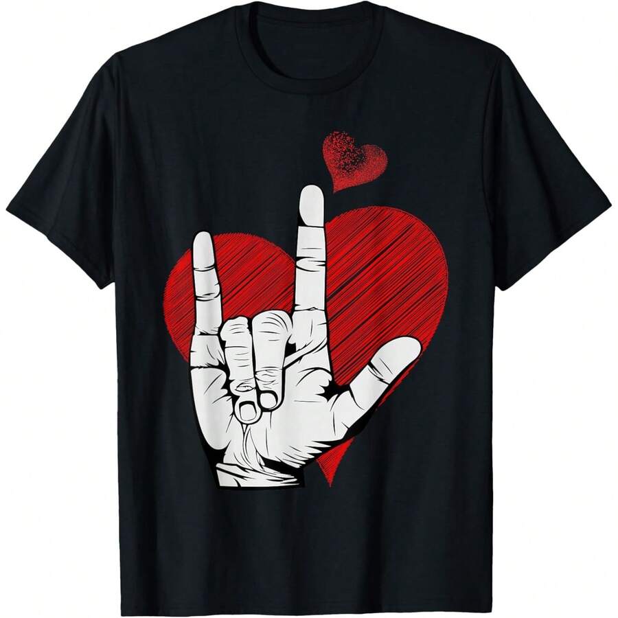ASL I Love You Hand Sign Language Heart Valentine's Day T-Shirt - Black - View 1