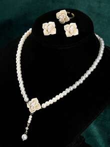 3件套法式复古微镶珍珠山茶花项链，优雅轻盈奢华，女孩饰品 - 三件套 - 查看 3