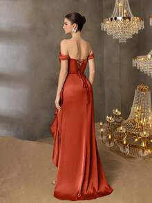 Elisanya 女士优雅露肩正式晚礼服，饰有垂褶荷叶边和高开衩，修身缎面长裙，适合正式晚宴、黑领结派对、婚礼、舞会和奢华晚宴。 - 橘色 - 查看 2