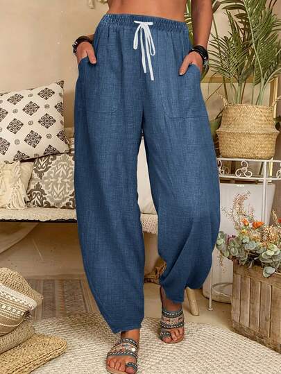 1 pieza Pantalones de mujer con bolsillo con cordón de tela tejida de unicolor, adecuados para citas, vacaciones, uso diario, fiestas de cumpleaños, fiestas de solteros, fiestas escolares, efecto de color ligero y de mezclilla