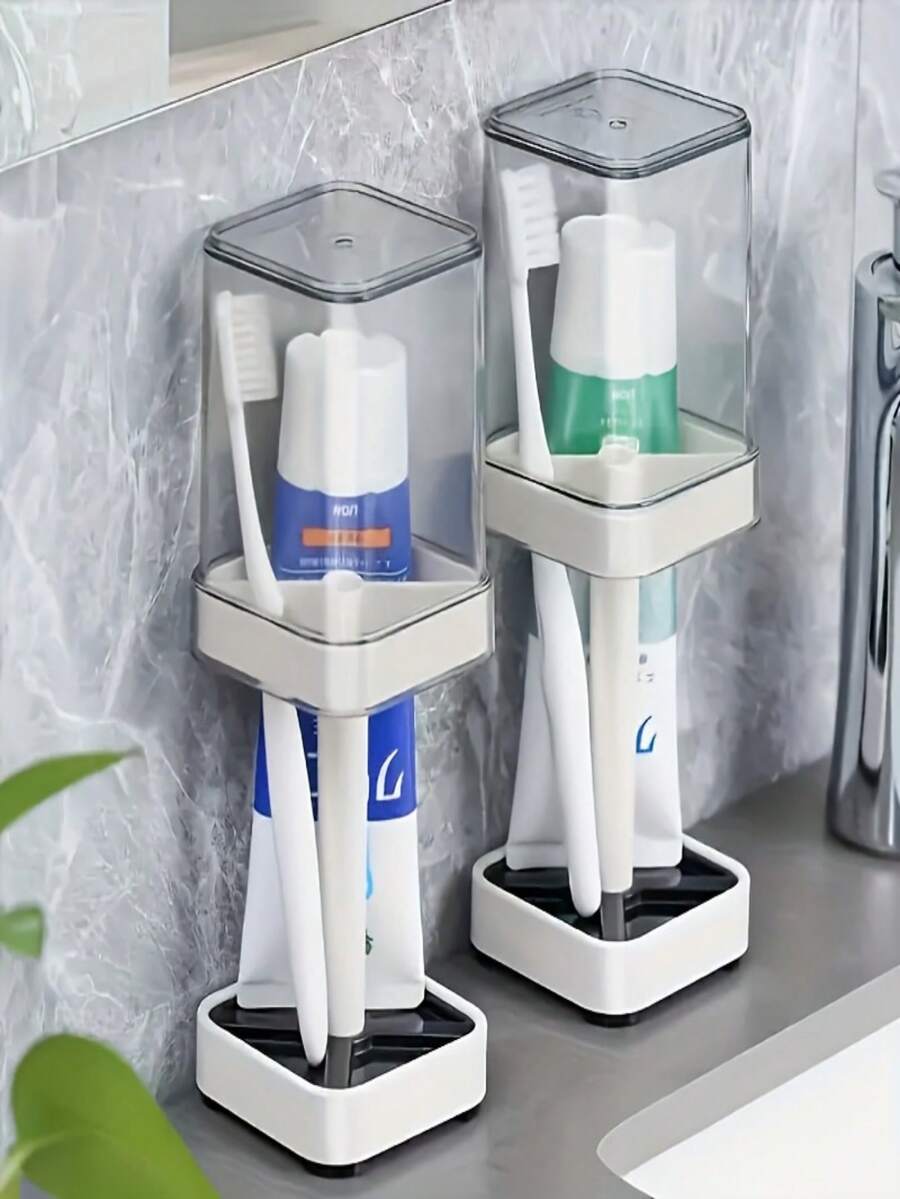 Toothbrush Holder With Cup, Suitable For Ordinary Toothbrush, Can Store Toothpaste, Three Teeth Brush And Toothpaste Holder, Suitable For Electric Toothbrush, Dental Floss, Razor Countertop Storage - White - View 1