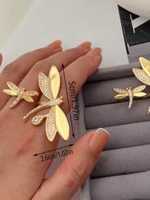 rundraw 1枚2026蜻蜓锆石镶嵌极简金属金/银指节戒指，女士时尚配饰，适合日常活动、派对、聚会等场合。