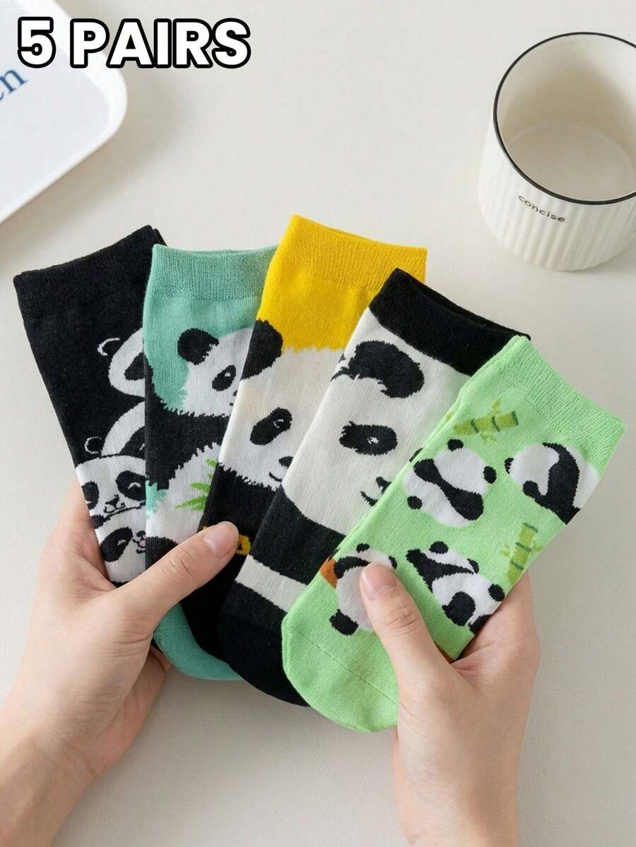 5双可爱熊猫图案女袜 - 夏季短袜 - 精致动物图案休闲日常时尚袜套装 - 彩色 - 查看 1