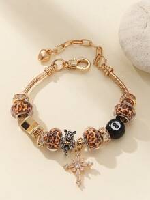 1pc Teenager DIY Beaded Bracelet With Copper Cross, Leopard Print Beads, And Black Tassels, Fashion Jewelry, Gift For Birthday - Gold - View 7